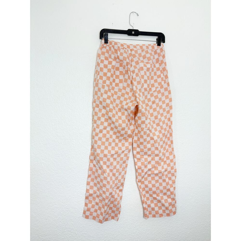 Holiday Emma Mulholland Orange Checkered Linen Pants Size Small Wide Leg - Picture 12 of 13
